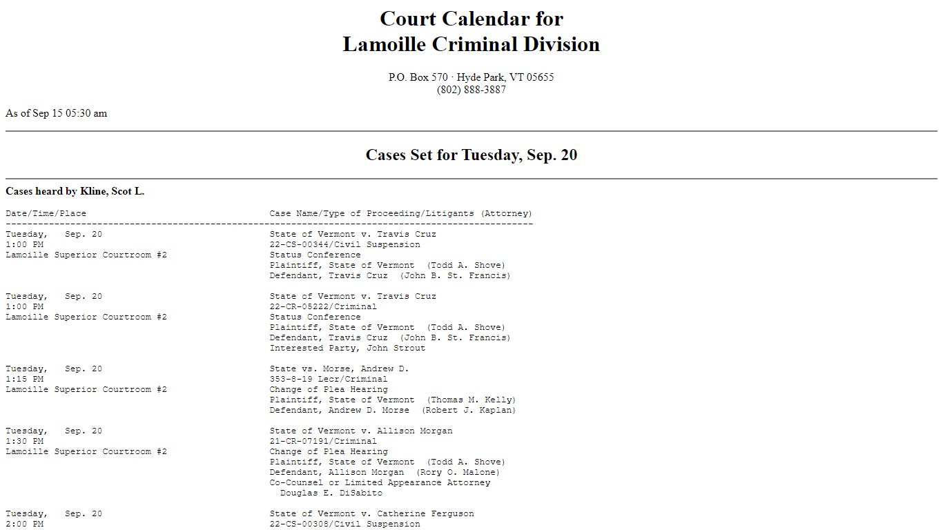 Court Calendar for Lamoille Criminal Division - Judiciary of Vermont